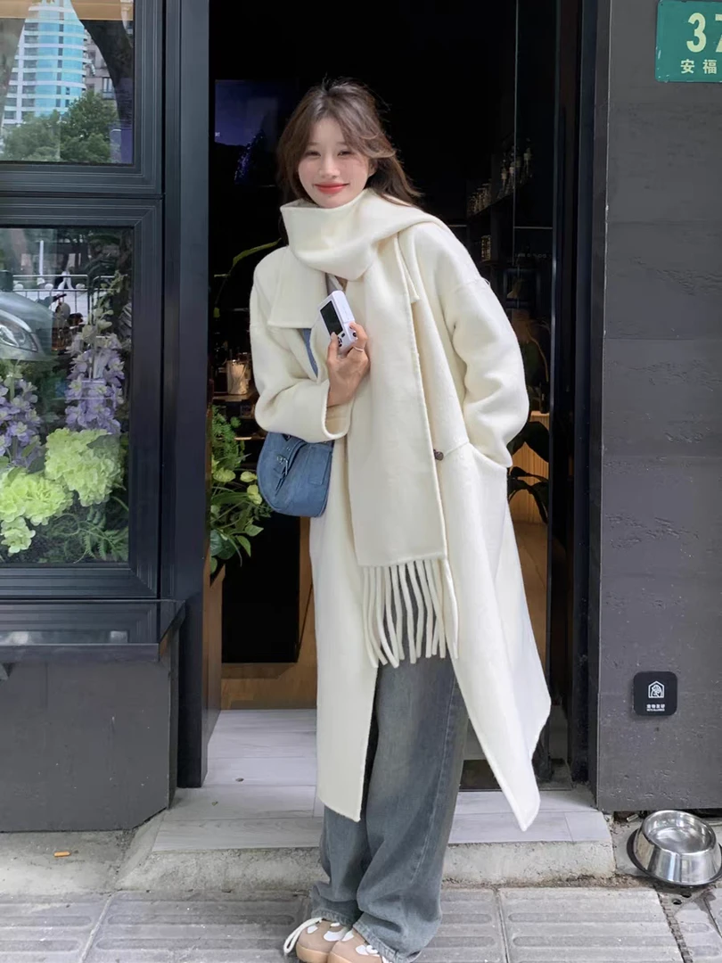 米白色美丽诺羊毛韩版气质中长款羊毛牛角扣双面呢外套 D112
