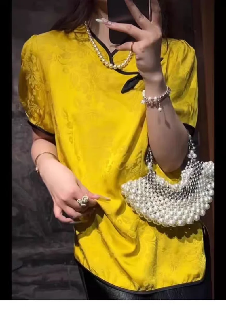 时尚提花新中式斜襟复古桑蚕丝+麻短袖凤尾花盘扣上衣