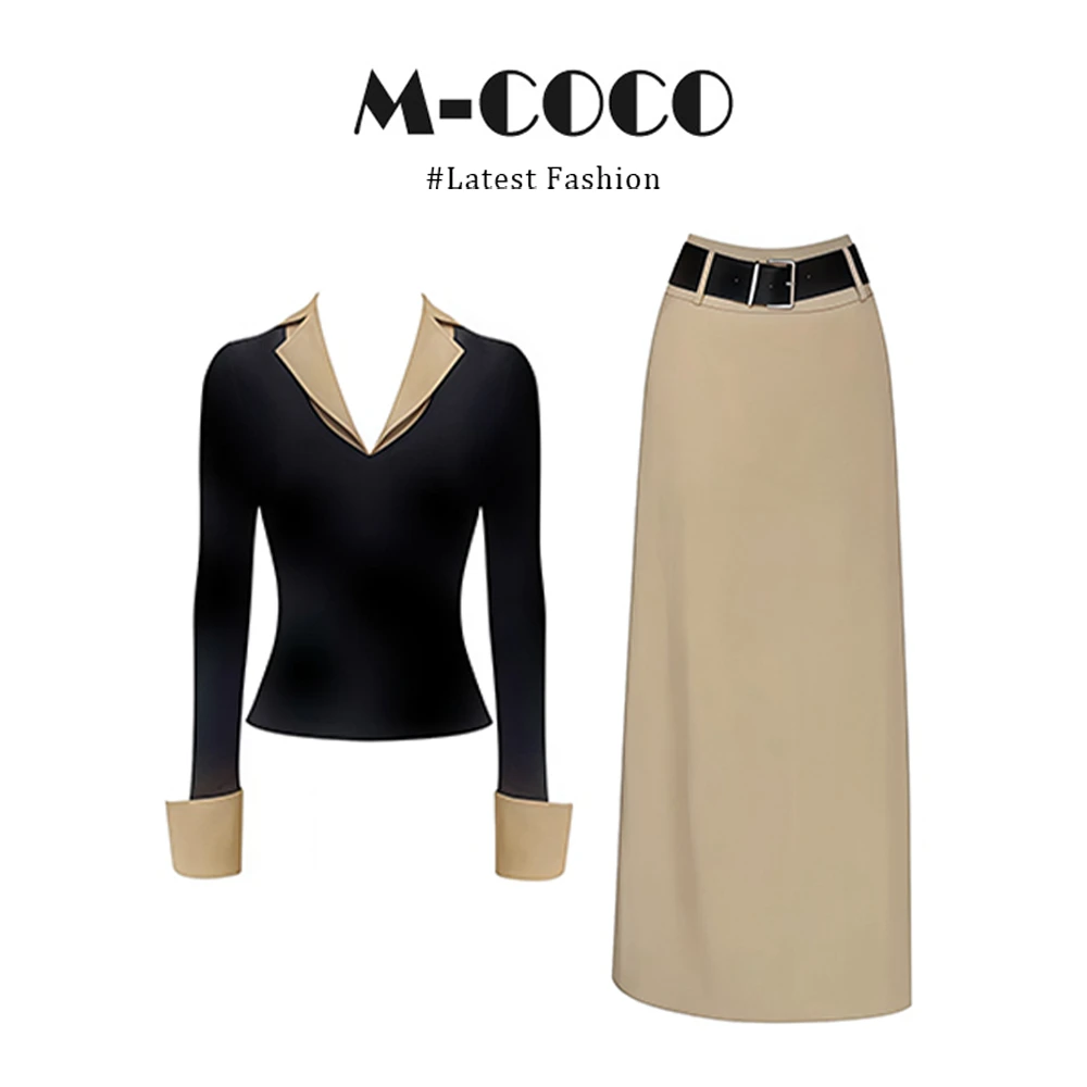 一套巨显瘦!时髦高智感气质韩系穿搭假两件V领上衣套装裙