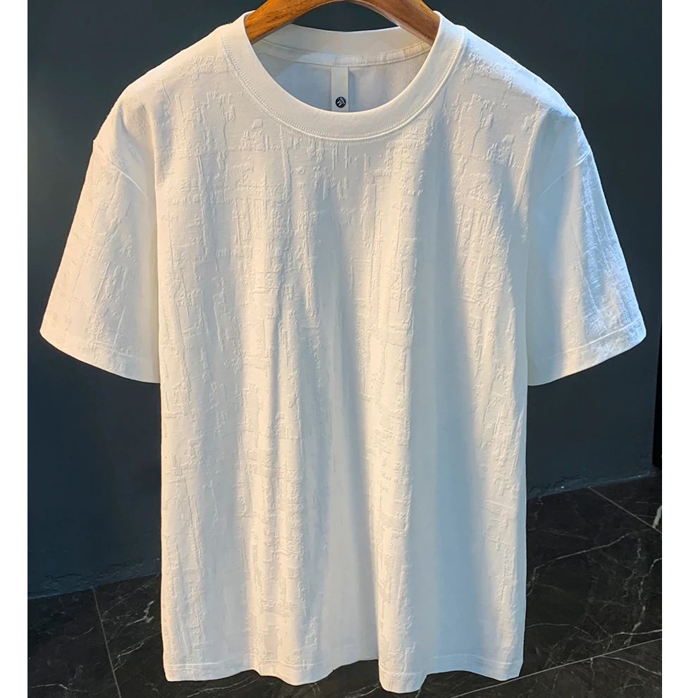 高端轻奢男士T恤短袖2025年夏季新款全棉提花纯色体恤衫100棉白t