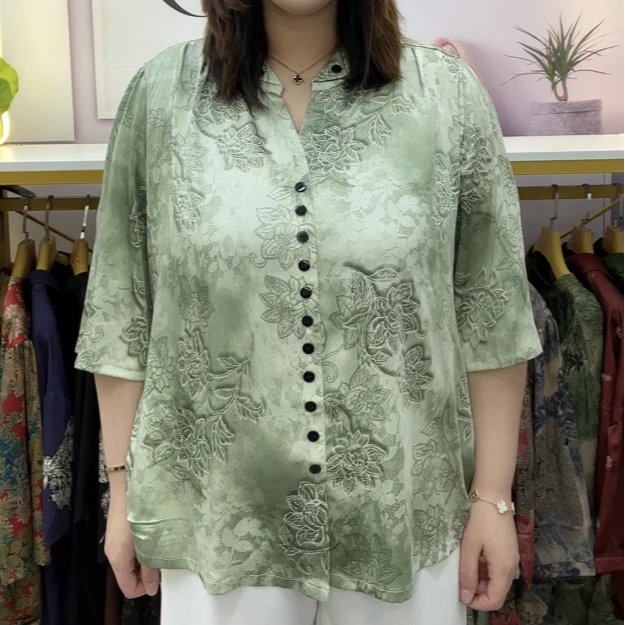 847叠领荷花排扣五分袖衬衫上衣