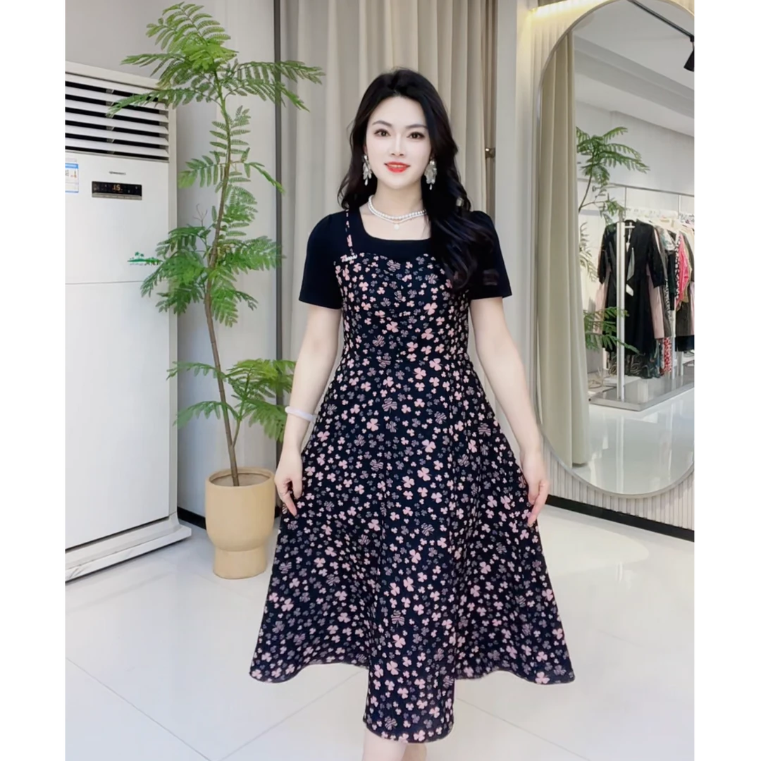 [依百万]128碎花圆领连衣裙洋气减龄大码印花夏季收腰中长款法式