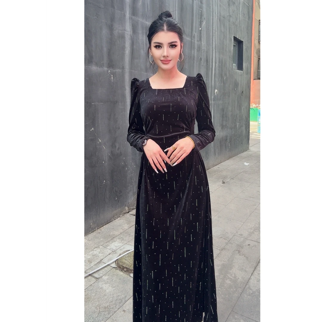 9864【包邮】方领时尚丝绒烫钻女装连衣裙