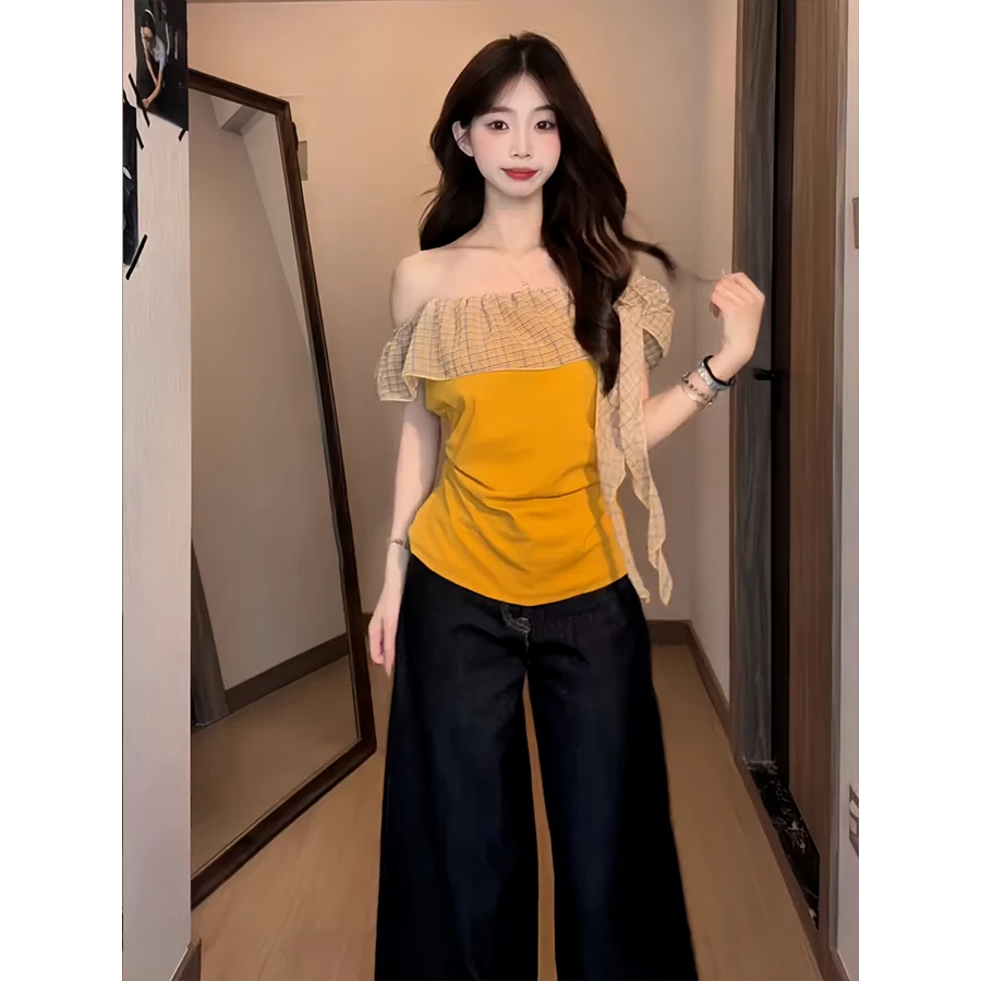 大码胖mm美式辣妹风拼接荷叶边飘带上衣女夏季新款时尚设计感T恤