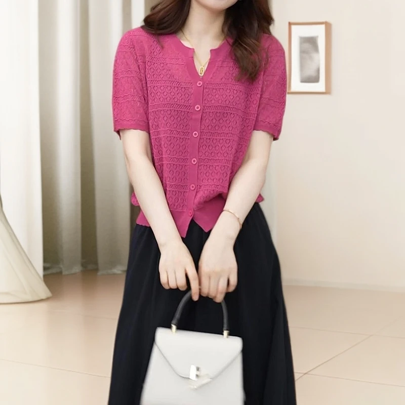 2025新款时尚镂空纯色短袖针织衫百搭减龄不挑身材透气轻薄小衫