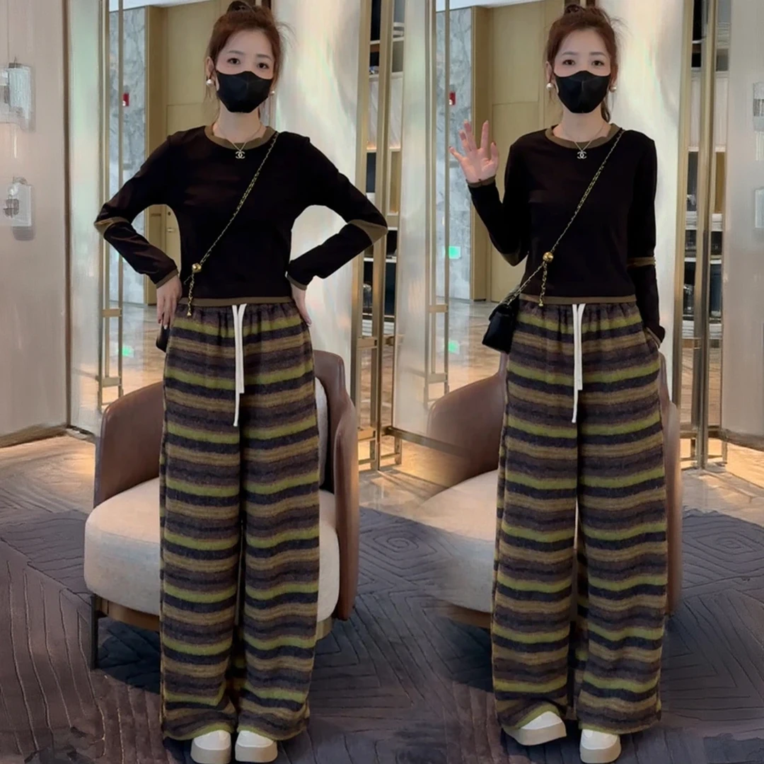 时尚套装女2025冬季新款韩版气质显瘦上衣条纹阔腿裤休闲两件套潮
