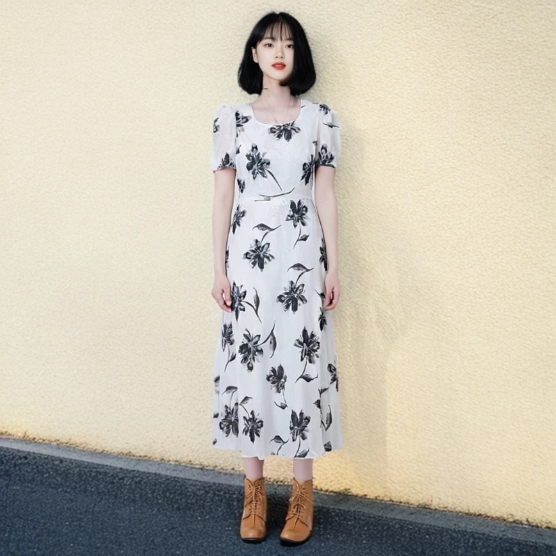 2025新款气质夏季收腰女装印花连衣裙时尚优雅中长款提花后腰镂空