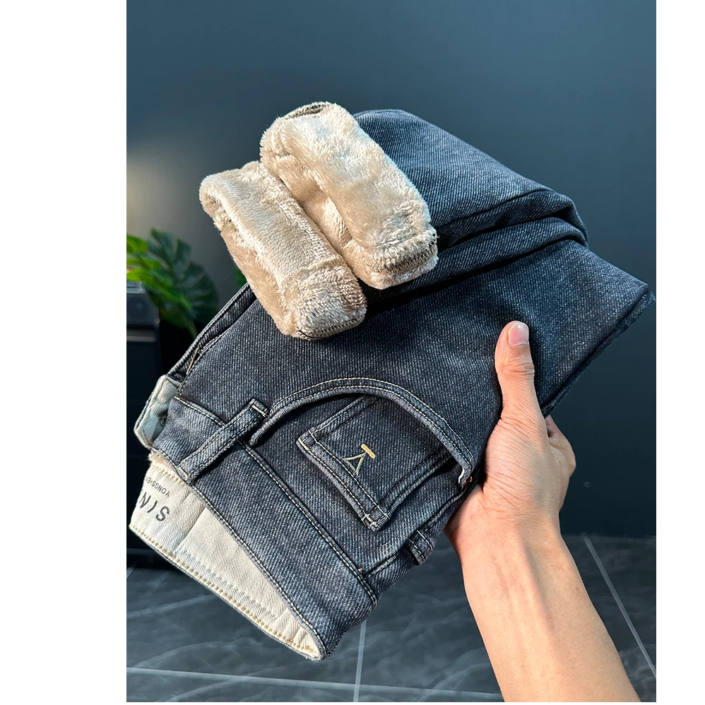莫安摩萨利男士加绒加厚牛仔裤冬季潮牌高端弹力一体绒裤子冬天