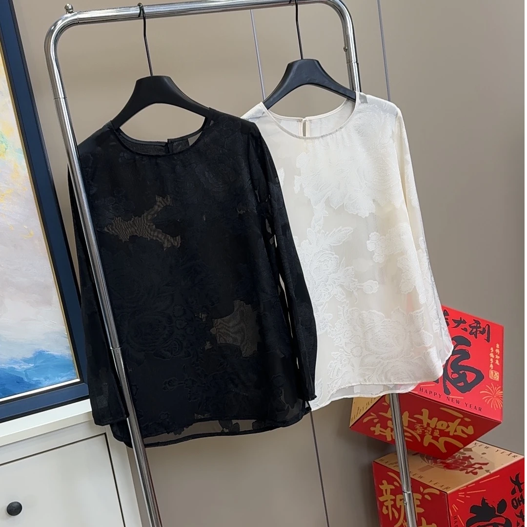 2025春季新款长袖衬衫圆领提花薄款上衣女179