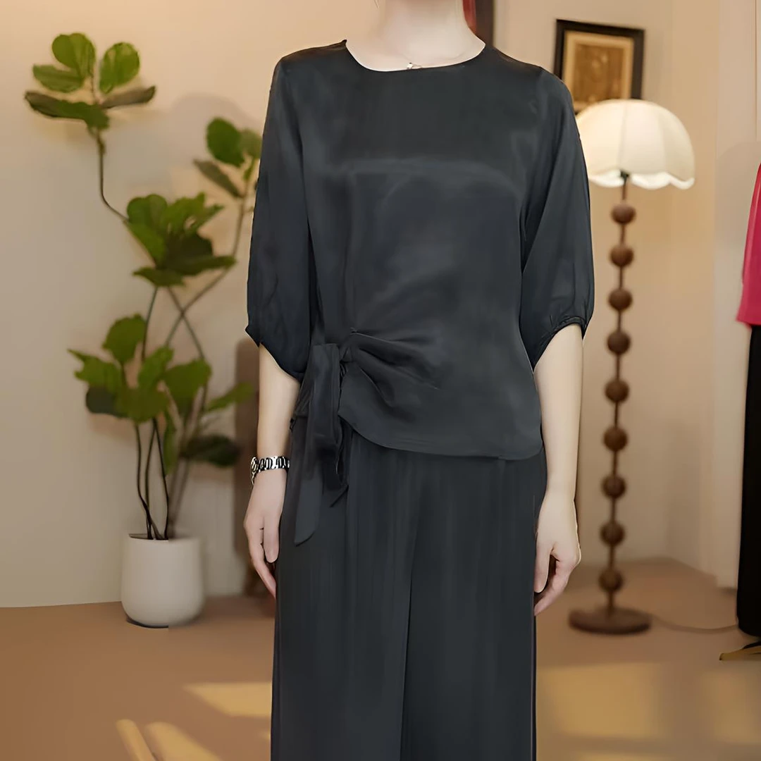 新中式国风圆领大王缎气质时尚上衣休闲裤