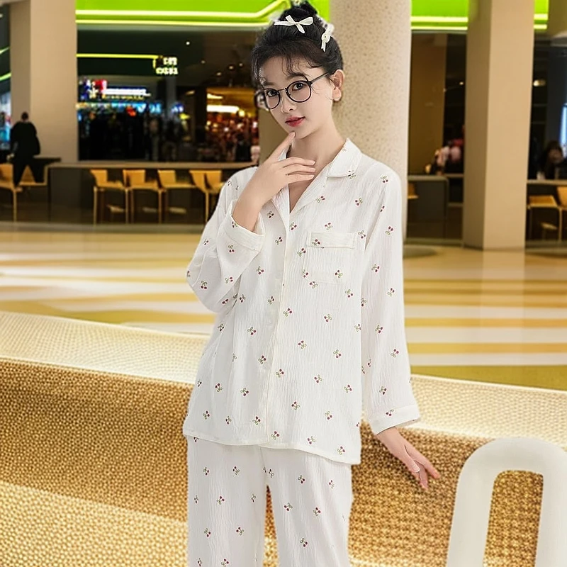 春秋季云朵棉薄纱布睡衣女长袖长裤清新甜美开衫翻领家居服空调间