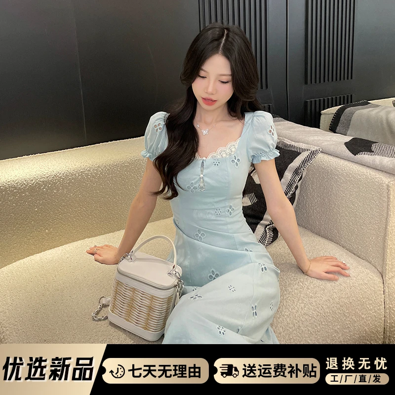 3131气质高级感蓝色短袖连衣裙子女装2025秋天小个子海边度假长裙