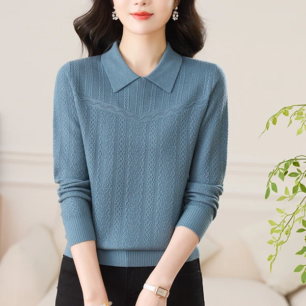 2025春秋装新款女士娃娃领翻领针织衫洋气遮肚漂亮套头打底上衣