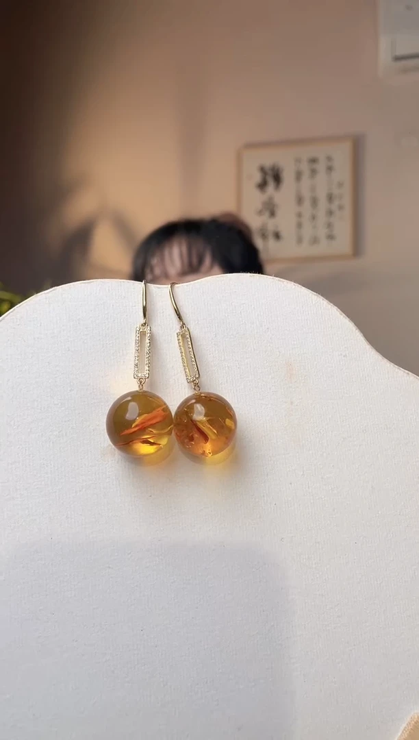 裸石琥珀未镶嵌18+花珀耳环