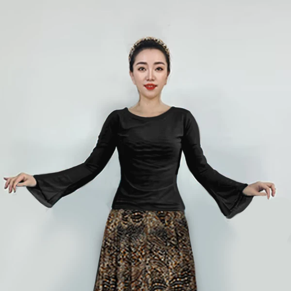 时尚纯色弹力网纱长喇叭袖圆领修身显瘦上衣/下摆开叉