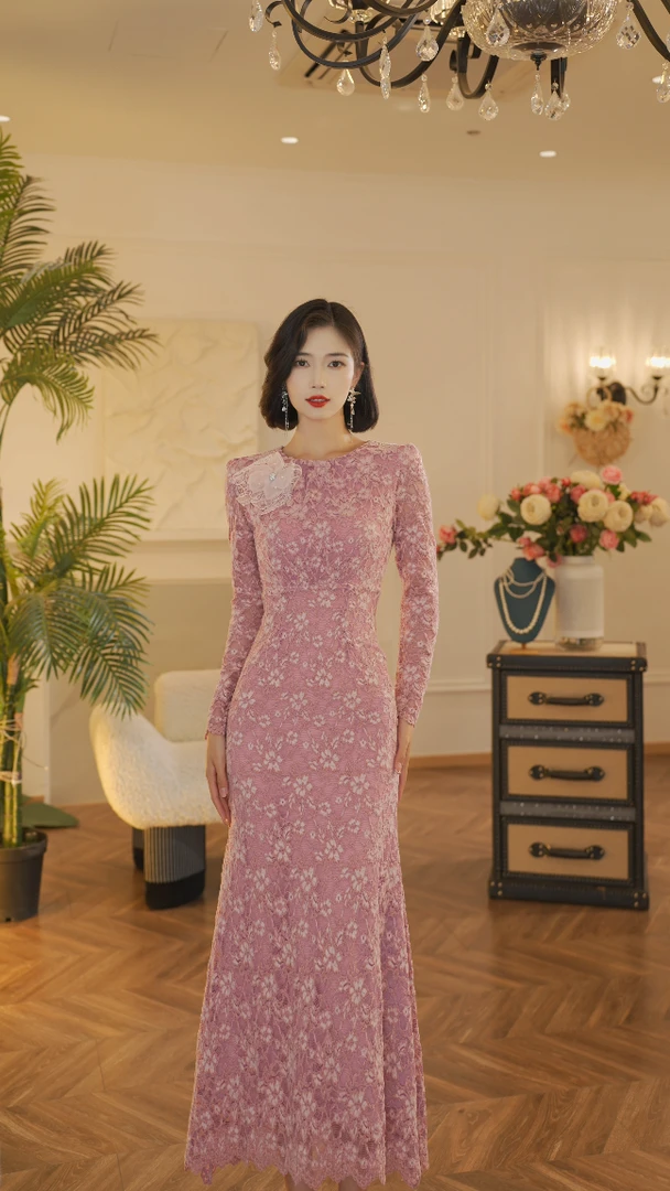 ANANY【清瑶】早春新款粉色气质女神显瘦显高收腰连衣裙W-40736