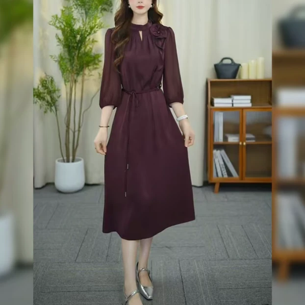 【月影女装】WT143早秋新款连衣裙法式设计感立体花朵中长款裙子