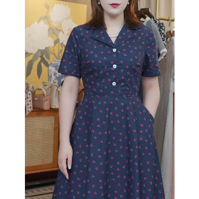V领樱桃印花府绸棉连衣裙2025夏季新款精棉短袖收腰A字裙