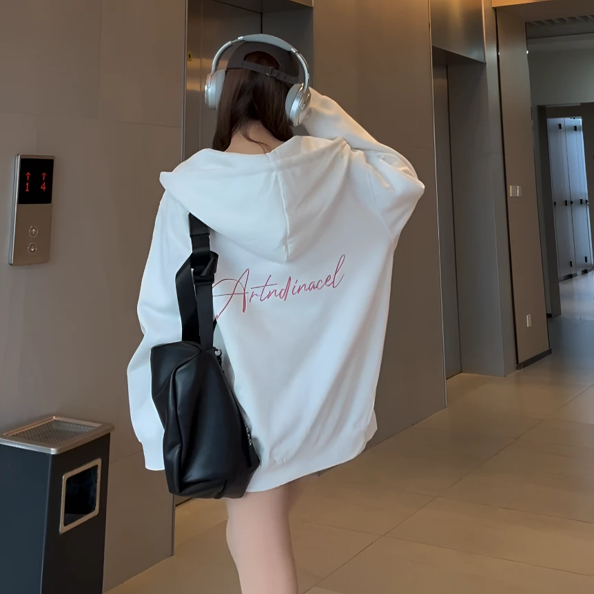时髦运动风连帽减龄oversize开衫卫衣宽松薄款慵懒感休闲外套女