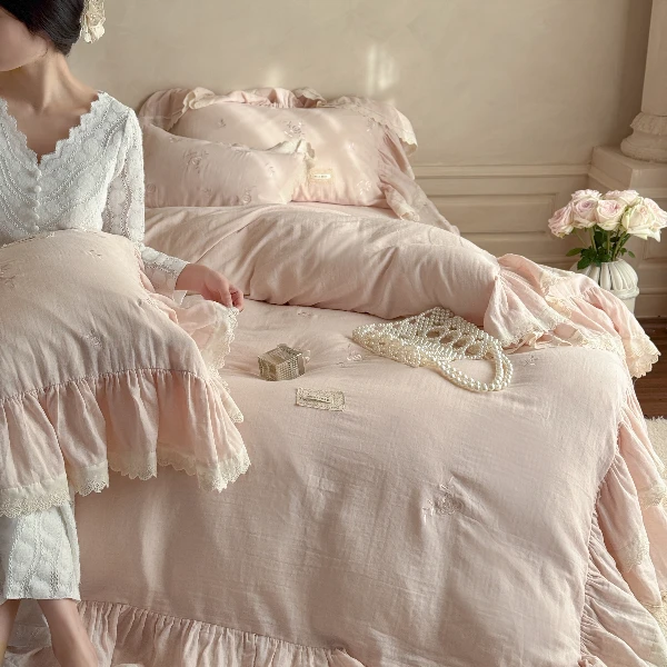 【瑞丽】2025新款超柔皱皱纱双层纱韩式小清新四件套套件