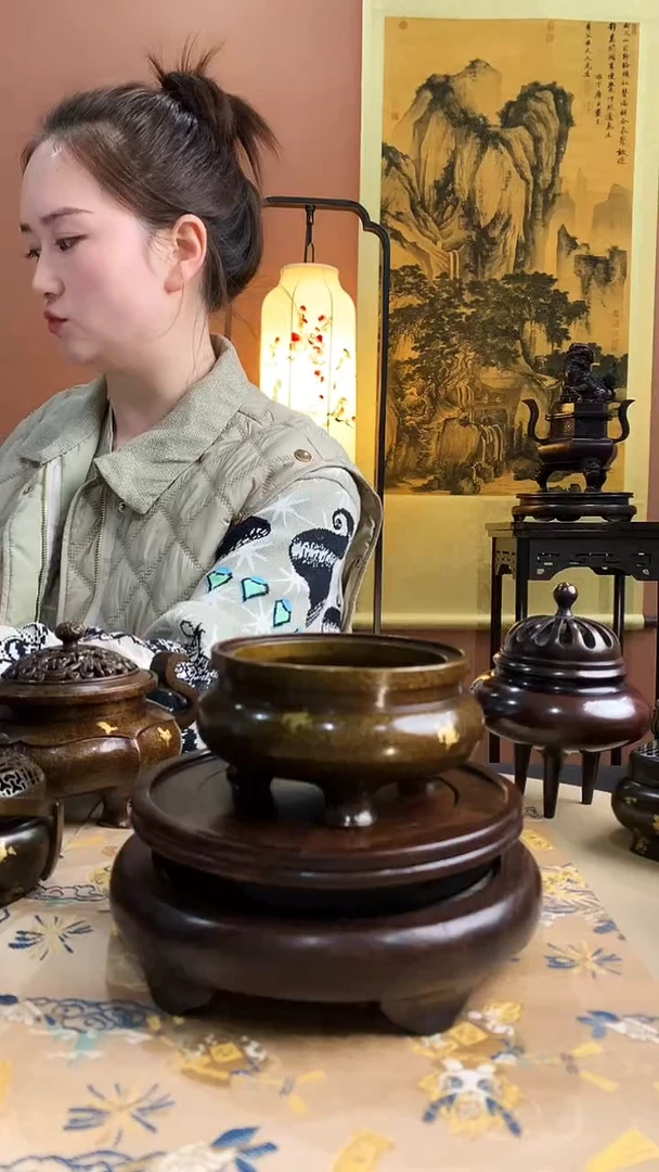 苏工黄铜鬲三足线香炉7.5