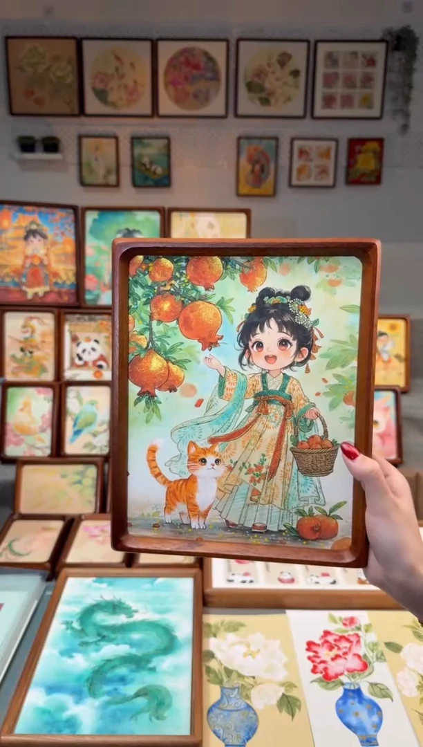 国画石榴猫咪女孩 手绘国画10