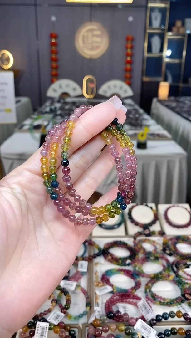 未镶嵌冰透体老矿碧玺彩虹三圈手串5mm+碧玺hon多样性发一条