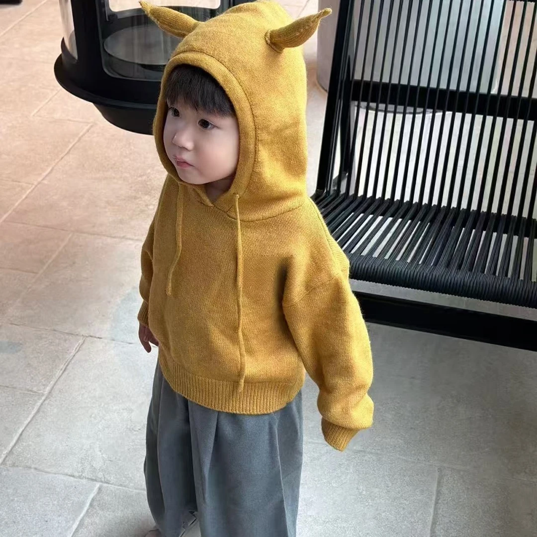壹妈韩版童装男童秋季套装洋气儿童可爱黄色连帽针织衫灰色阔腿裤
