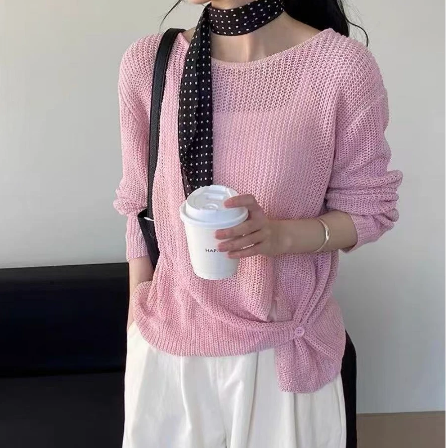 复古港风不起球女慵懒风毛针织衫打底纯色长袖圆领休闲时尚