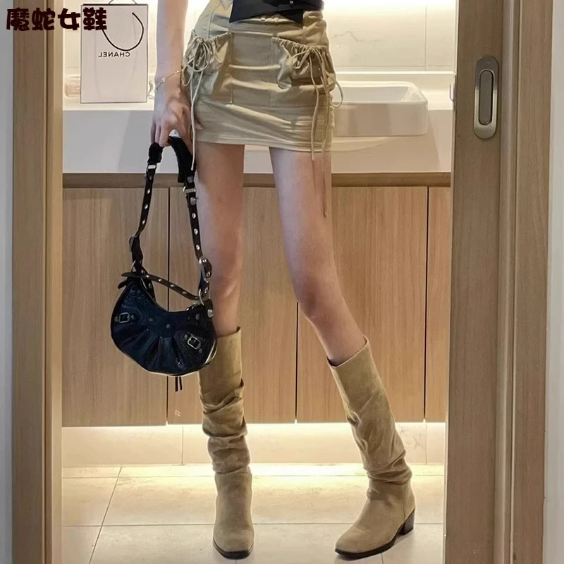 【万达撤柜】网红时尚美拉德靴2025新款百搭西部牛仔靴气质高筒长靴