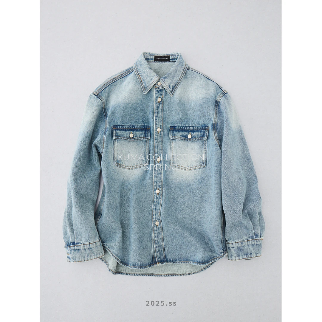 DUPU 2025春季14盎司软糯牛仔面布水洗做旧宽松牛仔长袖衬衣衬衫