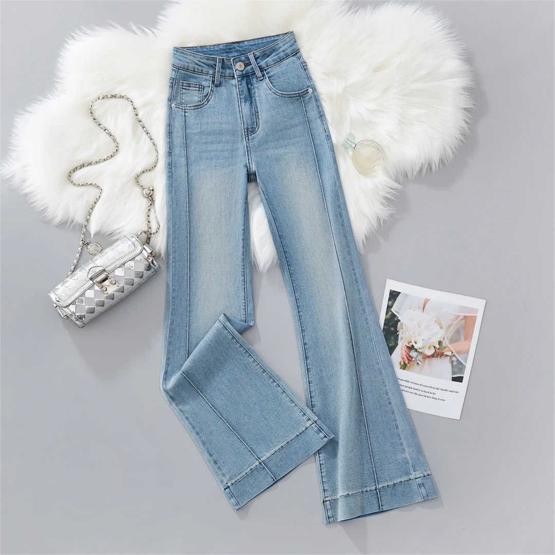 浅蓝色中高腰时尚百搭显高显瘦窄版微辣牛仔九分裤W2633