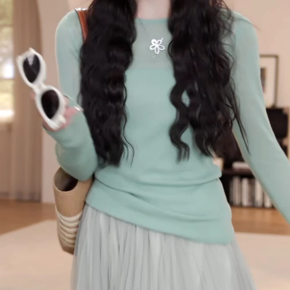 薄荷曼波绿圆领防晒针织衫女春季新款独特漂亮百搭别致薄款上衣