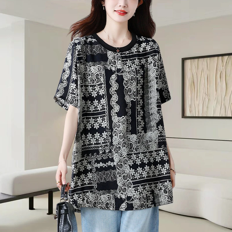 圆领印花短袖t恤女士2025夏季新款洋气减龄宽松显瘦时尚休闲上衣