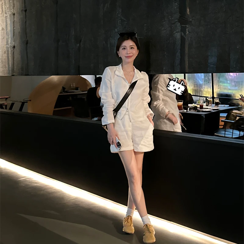 YPP！【极简高知感】100亚麻/显高藏肉立领夹克外套显瘦百搭A字短裤