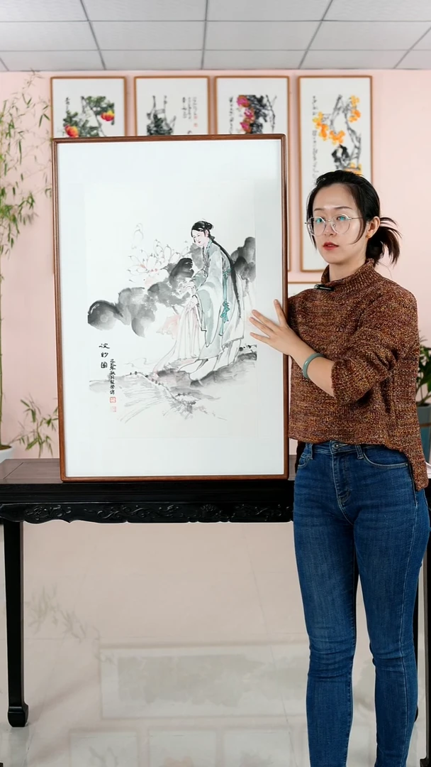 国画程芳《浣纱图》纯手绘檀木框92*62厘米