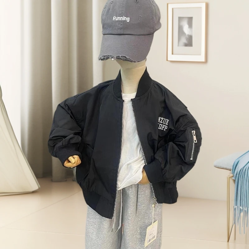 童外套2025春款男女童韩版休闲字母棒球服儿童宽松大口袋字母上衣