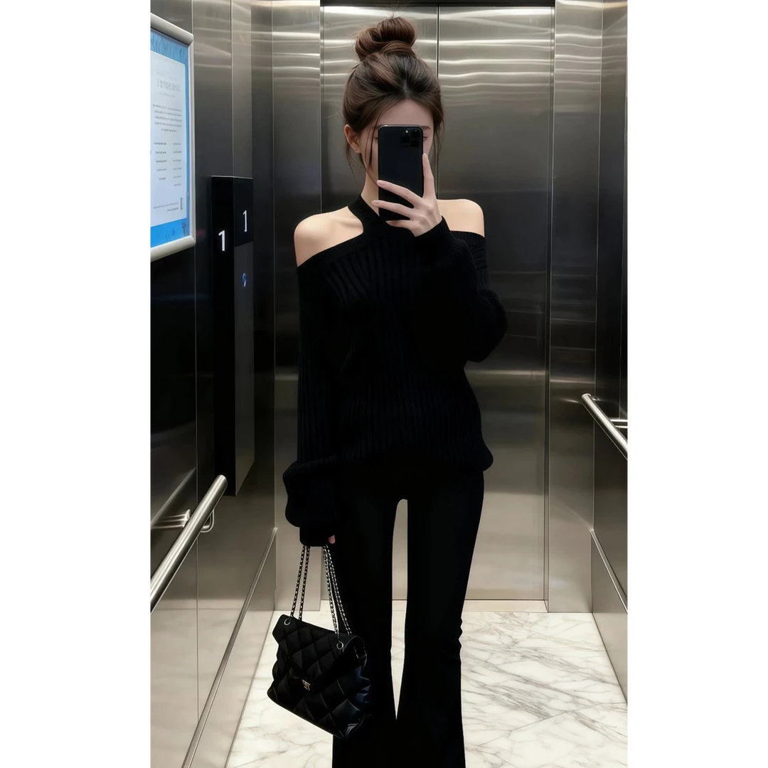 韩系纯欲时尚高级感黑色绞花一字肩挂脖针织衫毛衣微喇叭裤套装女