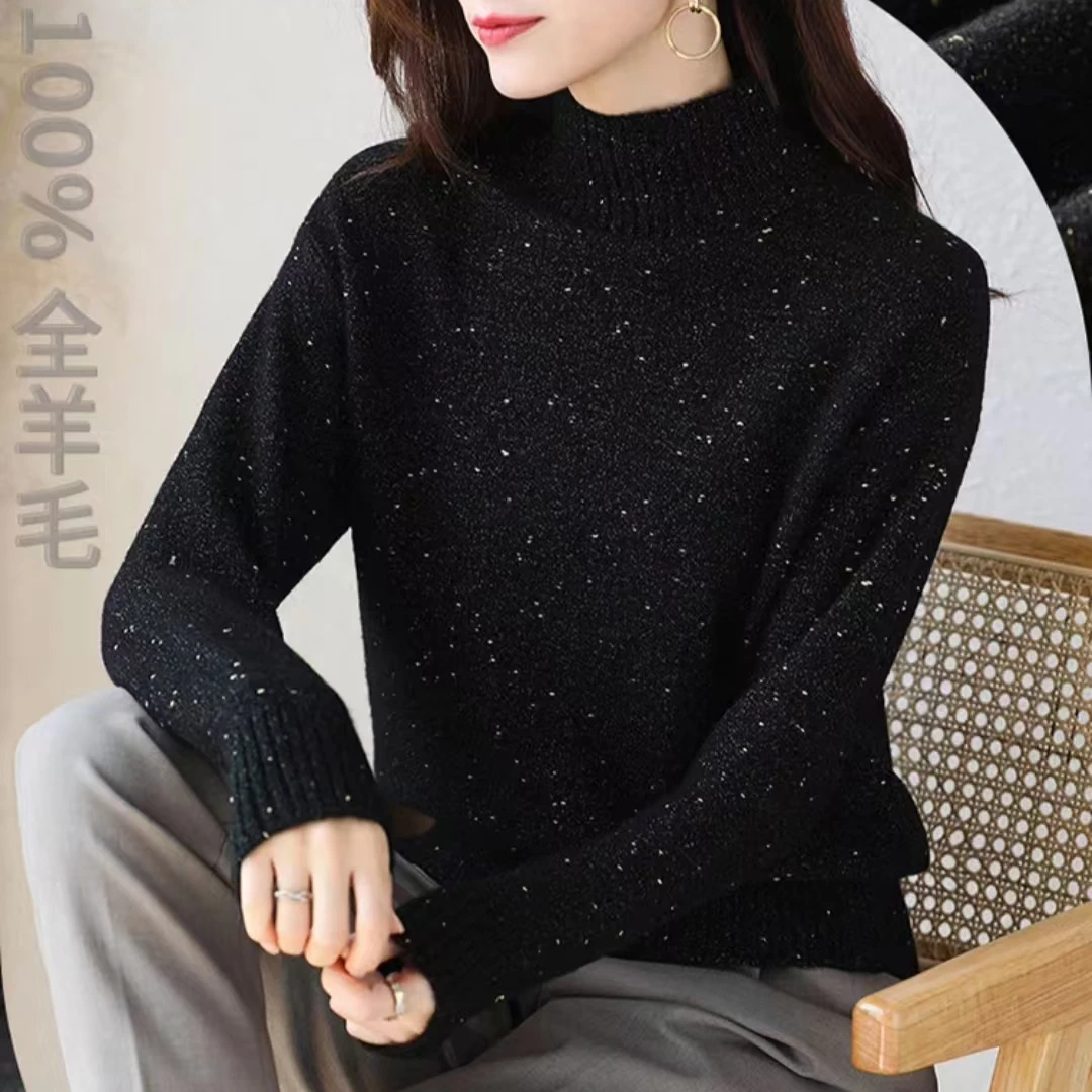 LULU【半高领】100羊毛女士秋冬长袖针织新款毛衣百搭
