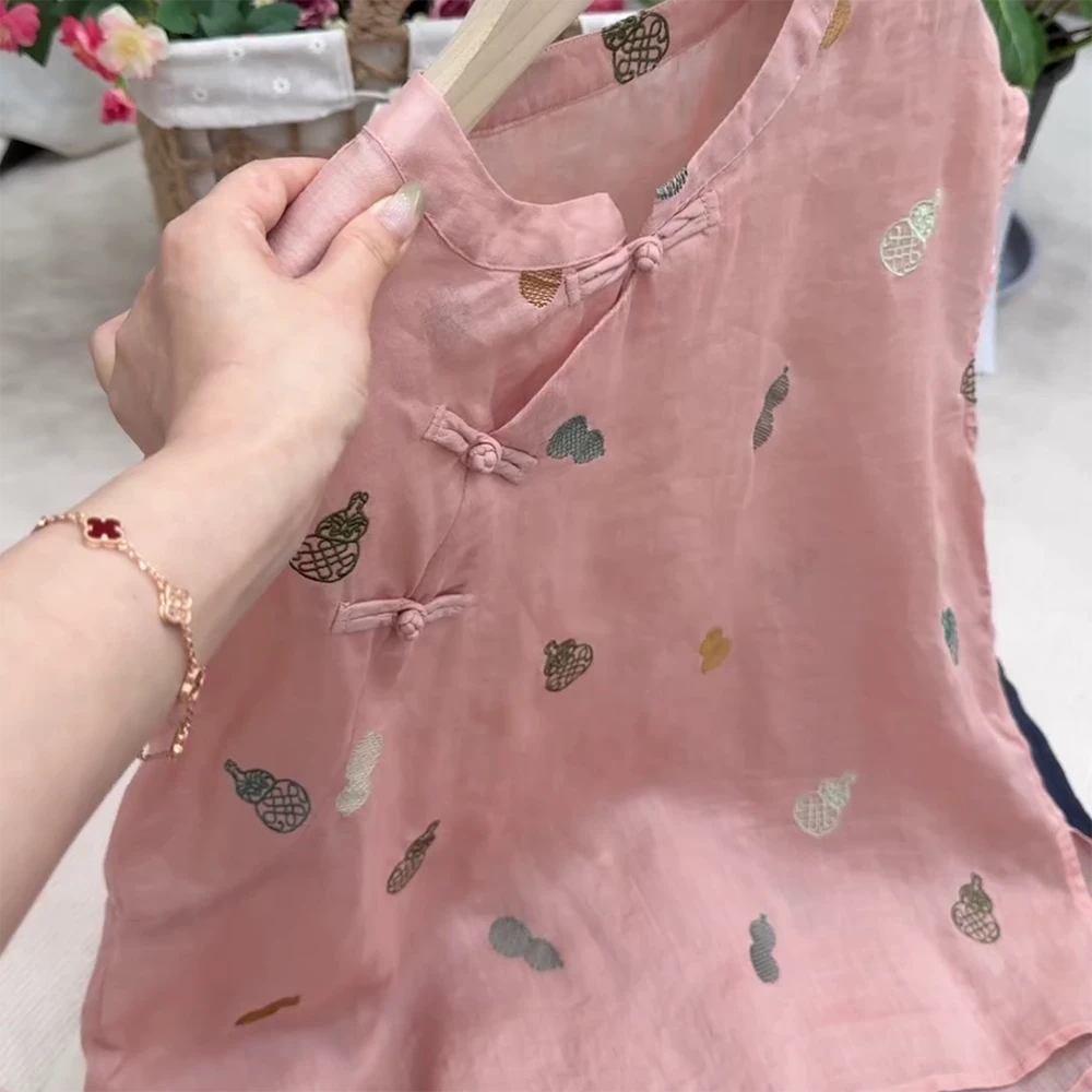 【福禄双全】斜襟苎麻小衫盘扣葫芦刺绣衬衫女上衣新中式C5369