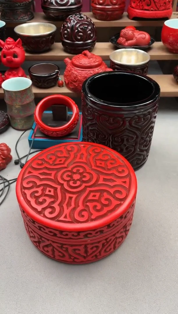 扬州漆器 剔犀直腔盒手工圆形