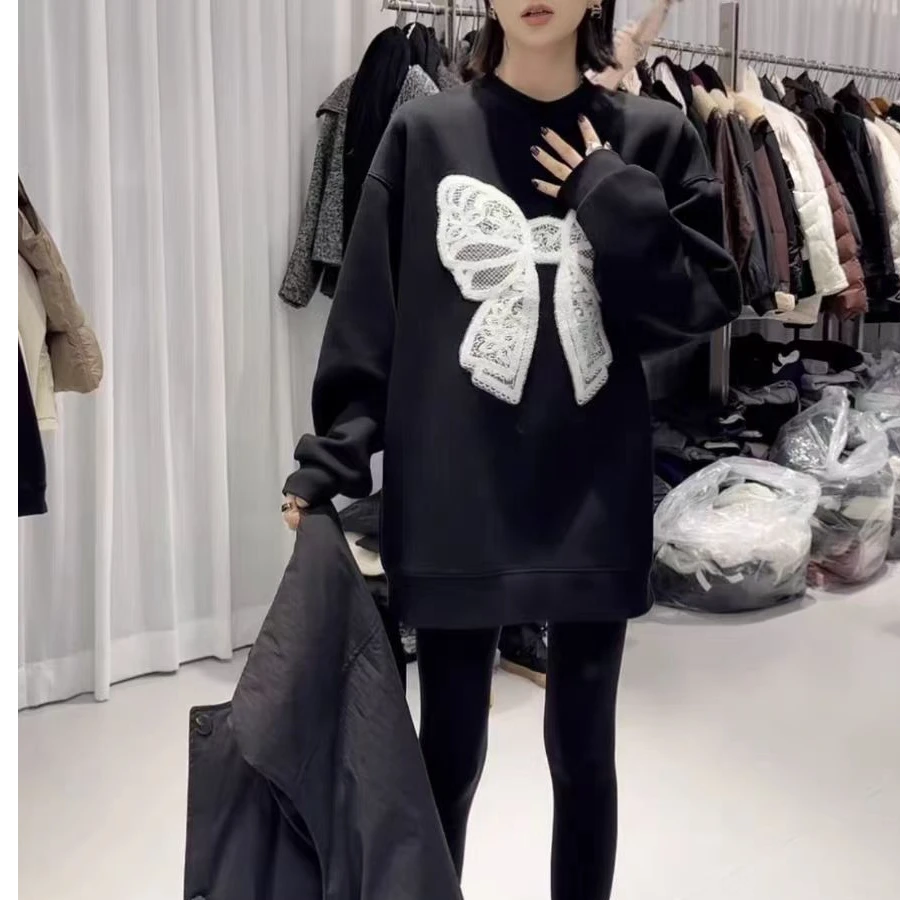 【苏苏女装】S39789时尚百搭加绒潮流大版蝴蝶结卫衣