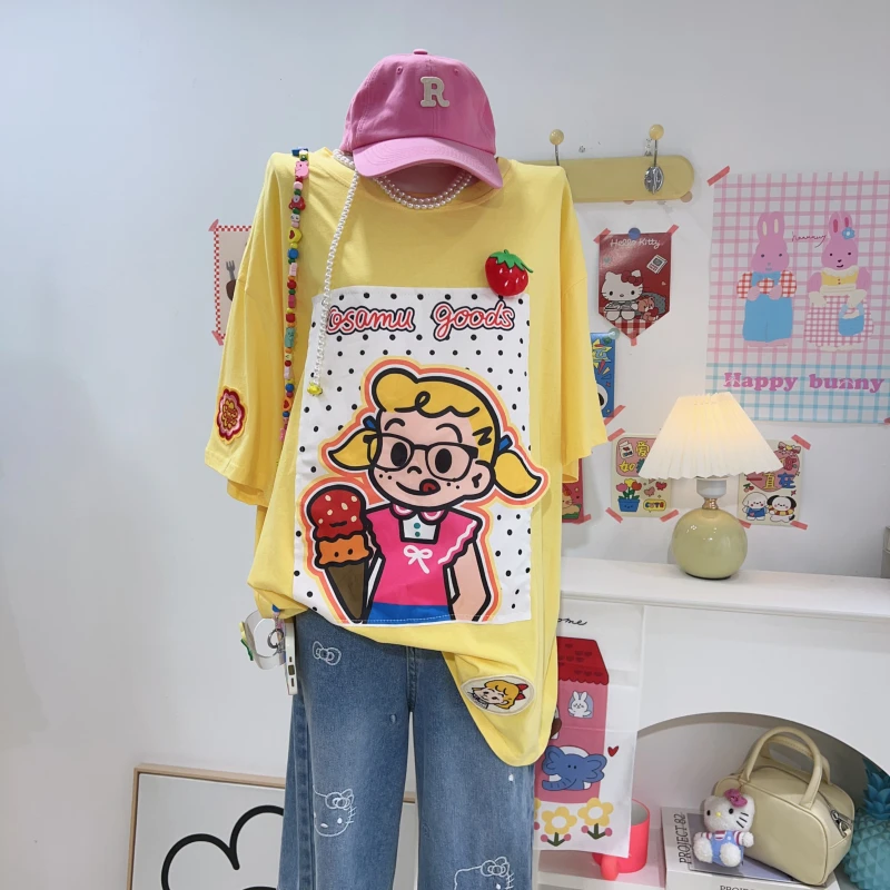 【钱呼呼】2025夏季新款可爱贴布卡通设计宽松大版型俏皮体恤女