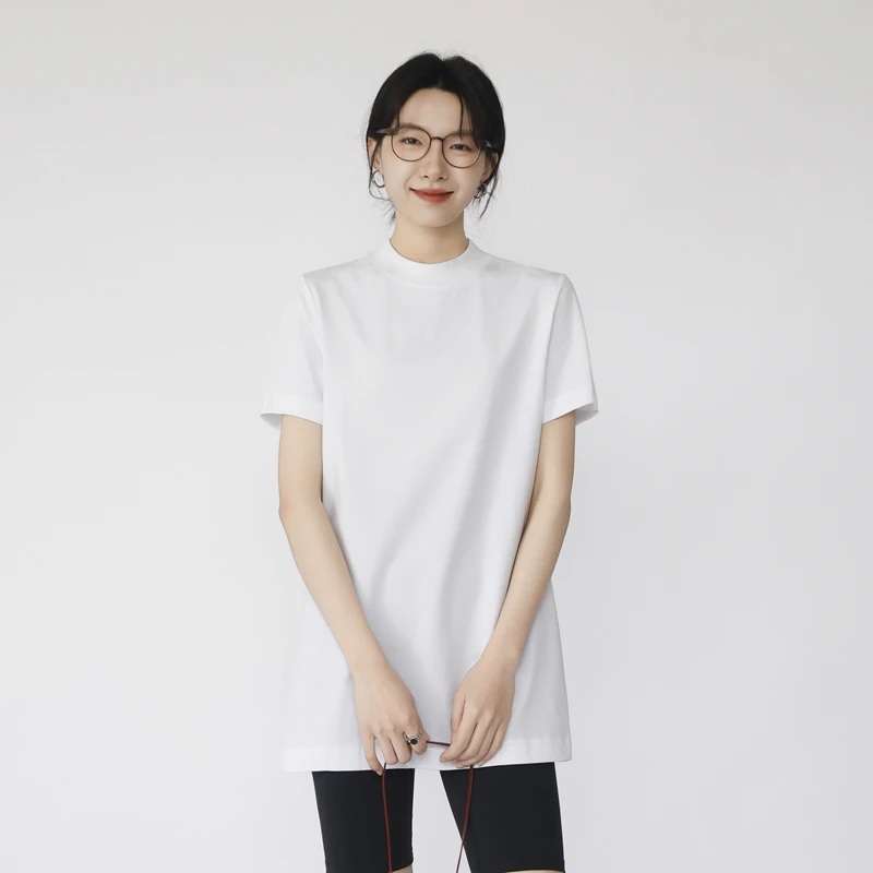 中长款t恤遮屁股小立领女短袖棉质宽松显瘦中领叠穿打底衫长上衣