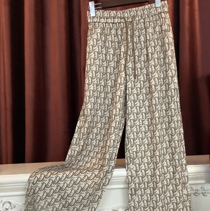 【CHGE】显瘦提花长裤春夏印花窄版阔腿直筒裤-69378-杏