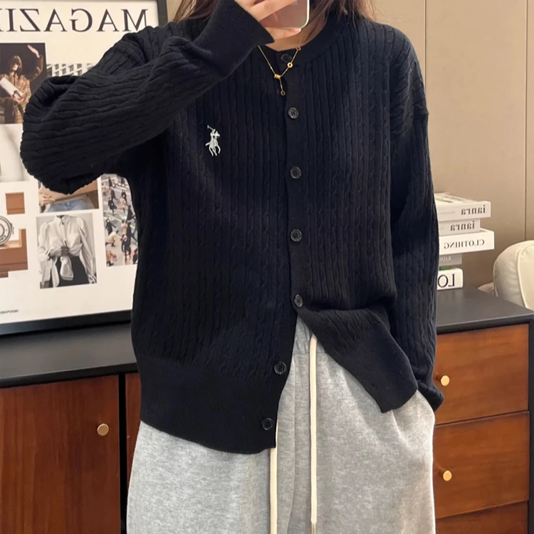 秋冬款小马刺绣针织开衫女妞花圆领上衣开衫