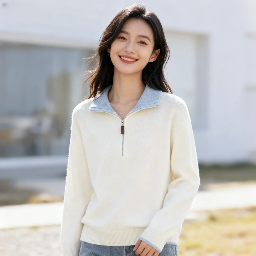Basic House/百家好绵羊毛撞色翻领毛衣秋冬慵懒风半拉链套头上衣
