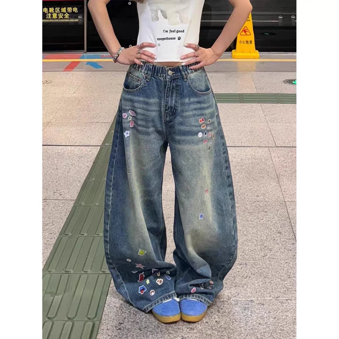 美式水洗卡通贴纸阔腿牛仔裤子女夏季潮牌宽松做旧直筒弯刀长裤