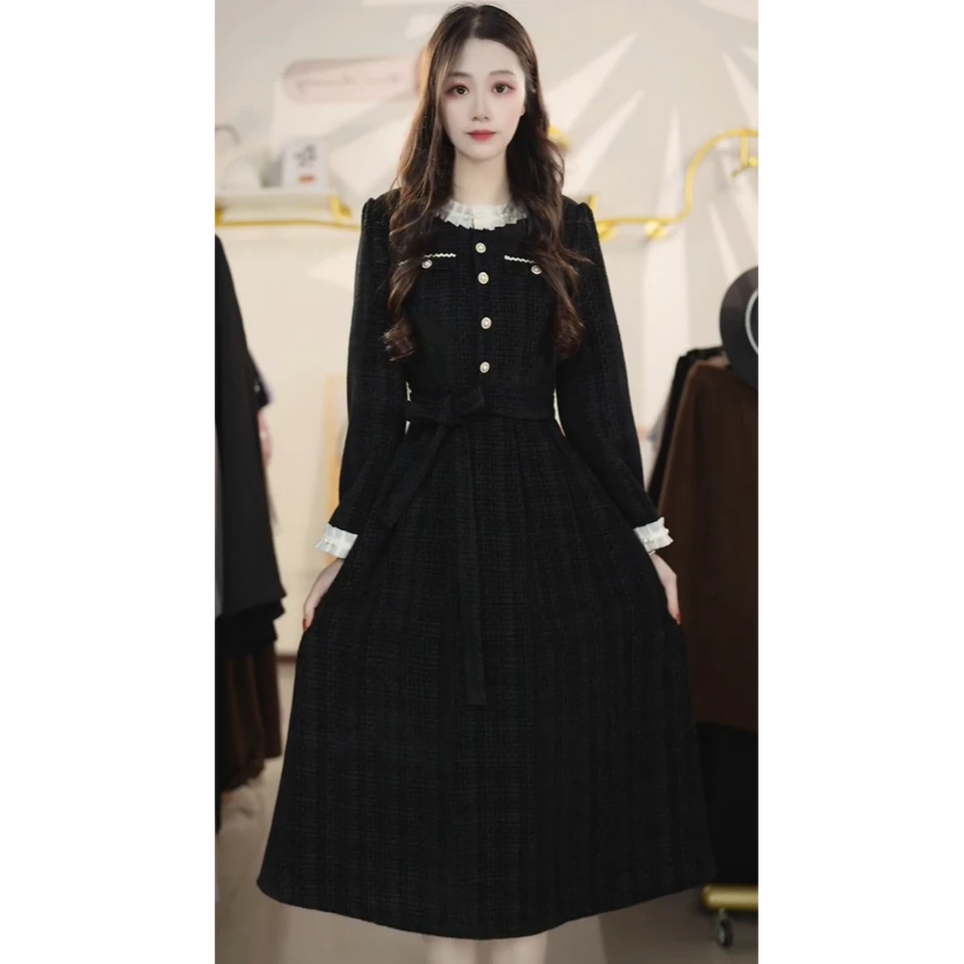 2025秋冬新款韩版时尚气质高腰蕾丝花边赫本连衣裙女Y761023