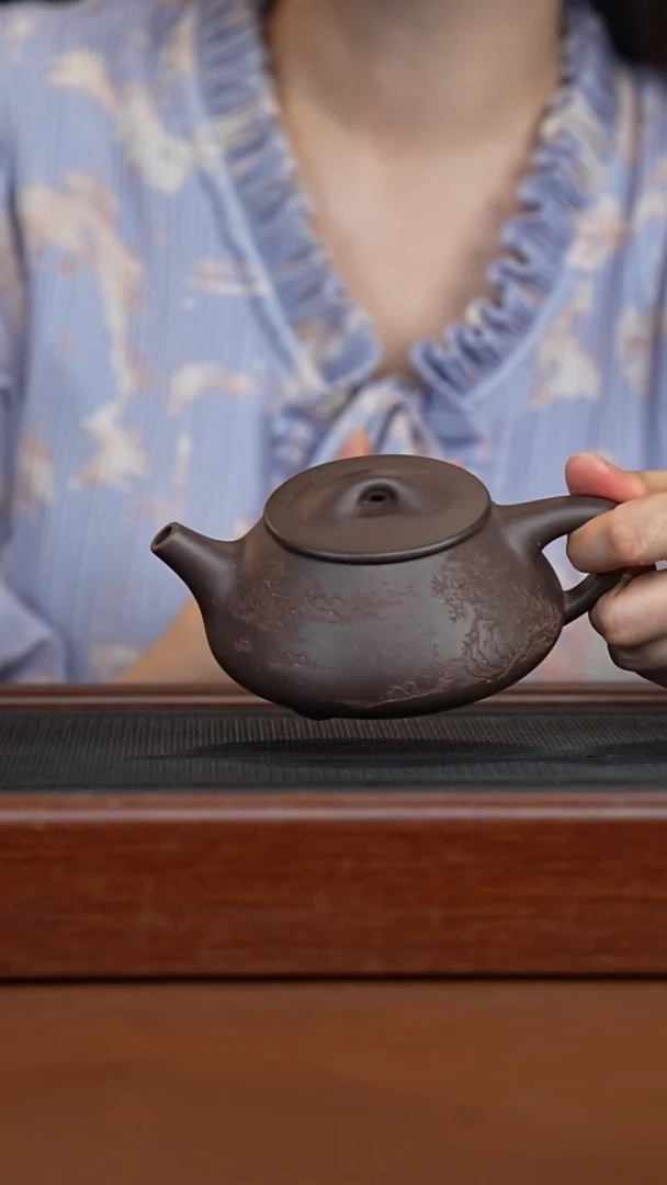 茶壶紫砂天青刻绘景舟石瓢-山水